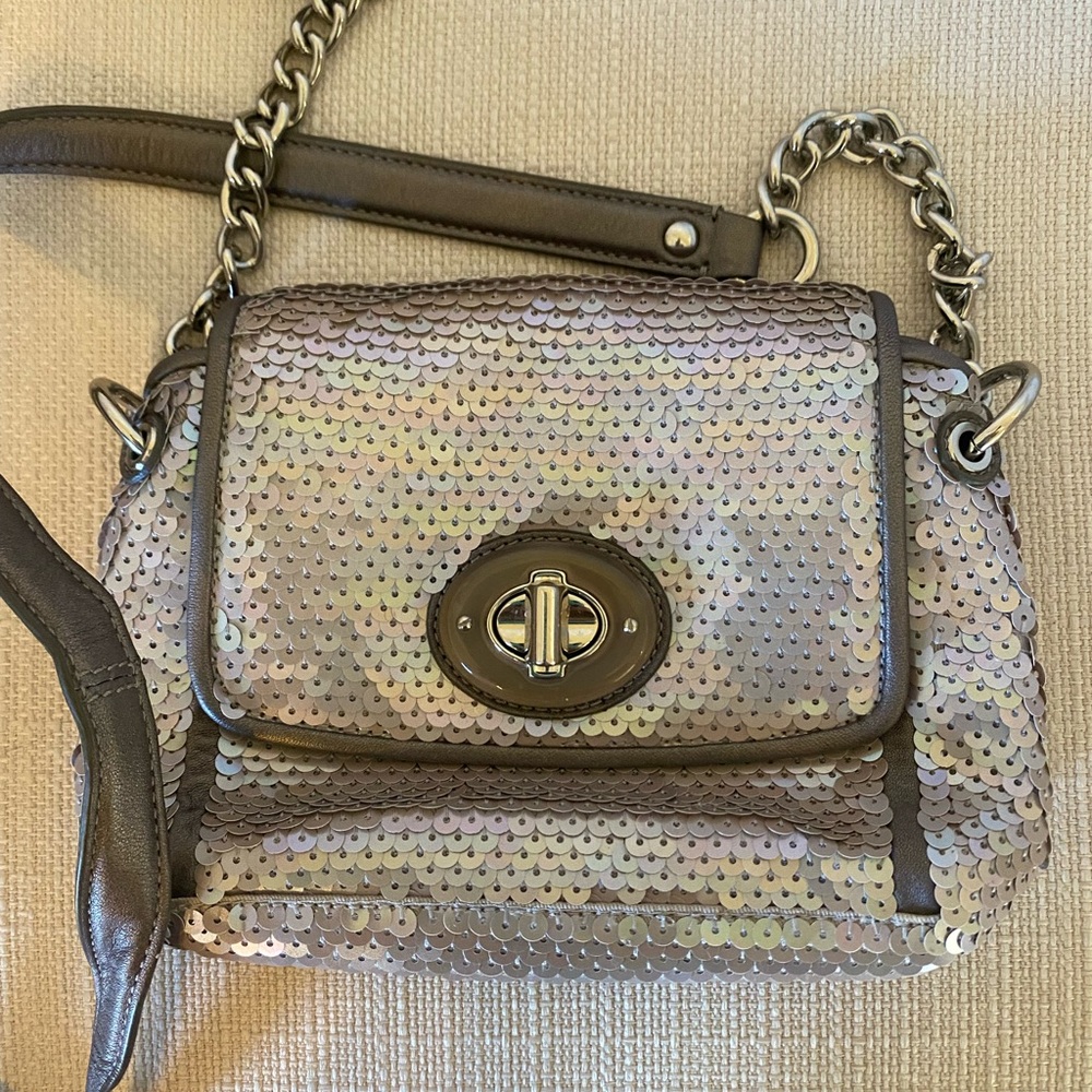 Coach Sequin silver Crossbody Bag with Chain Strap